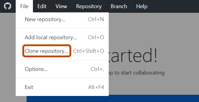 Windows 上的“GitHub Desktop”菜单栏的屏幕截图。 “文件”下拉菜单已展开,“克隆存储库”选项以橙色边框突出显示。