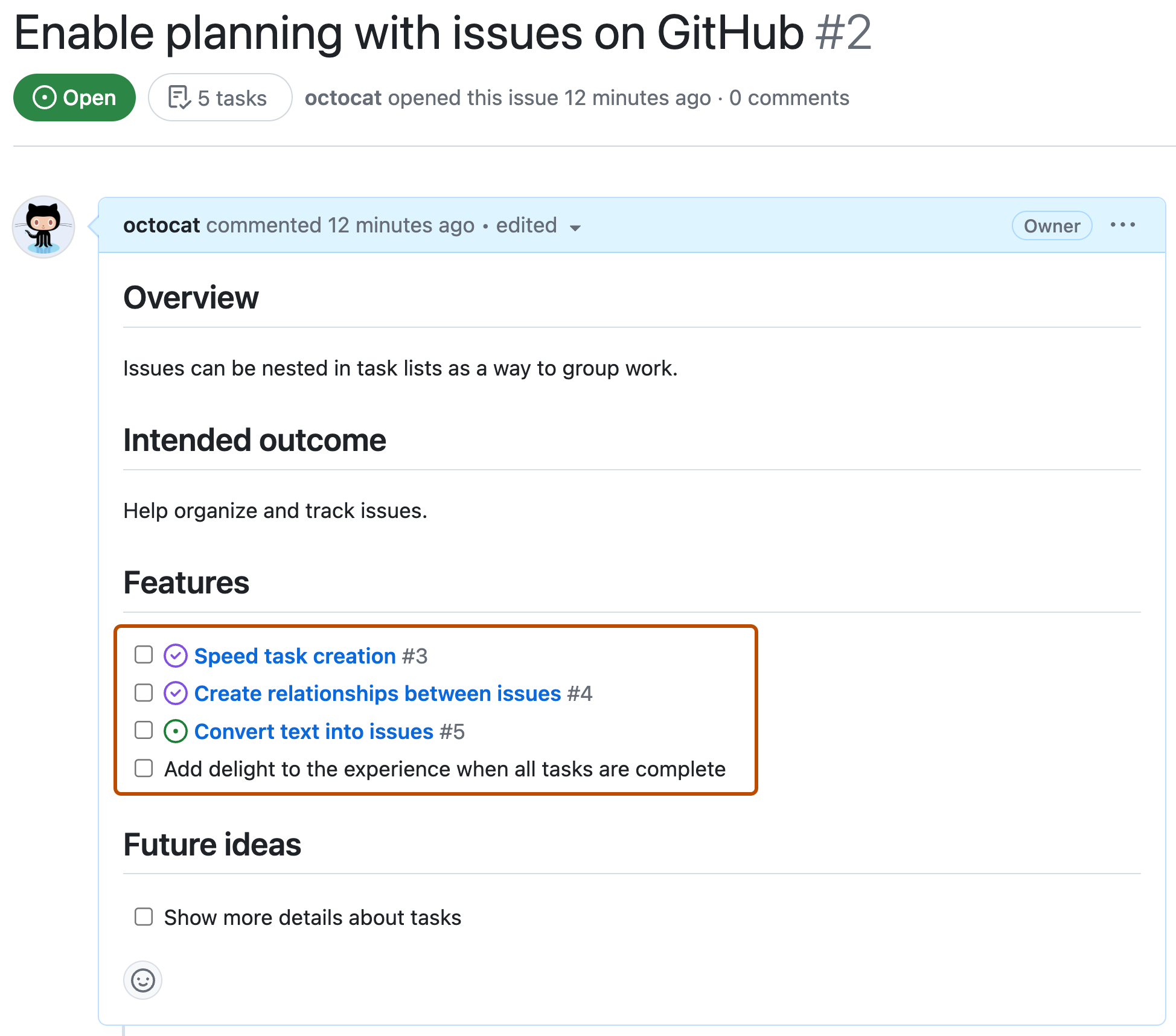 GitHub 问题的屏幕截图,其中显示了标题“功能”下的任务列表。 某些项目被选中(状态为已完成),而其他项目未选中(状态为未完成)。 三个列表项链接到其他 GitHub Issues。