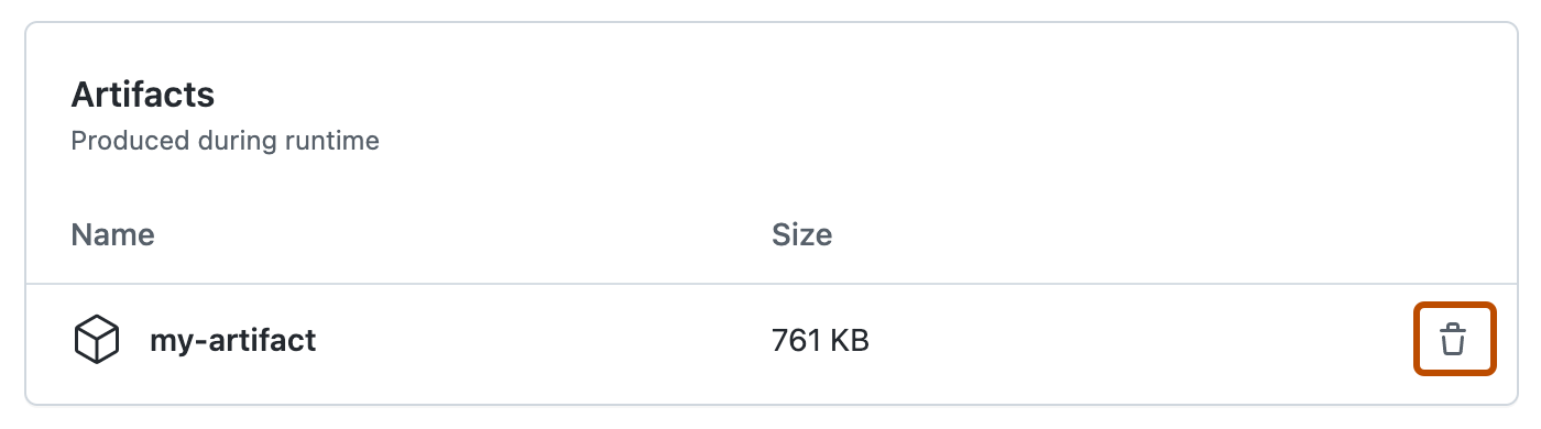 屏幕截图显示工作流运行期间创建的工件。 垃圾桶图标,用于删除工件,带深橙色轮廓。