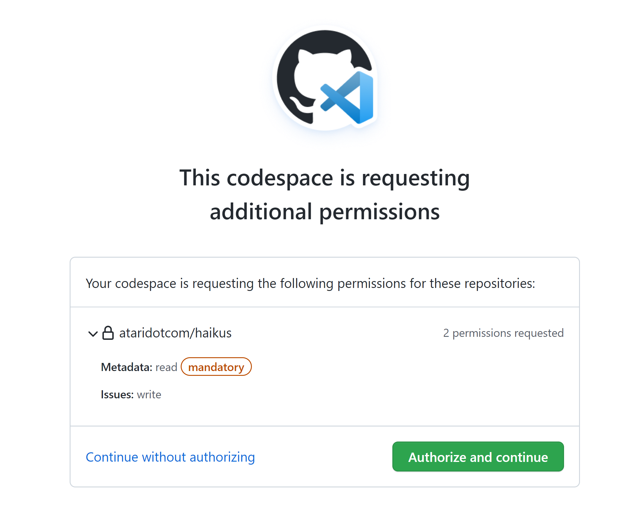 “所需权限”页的屏幕截图。 根据所需权限显示两个权限:元数据的读取权限和问题的写入权限。