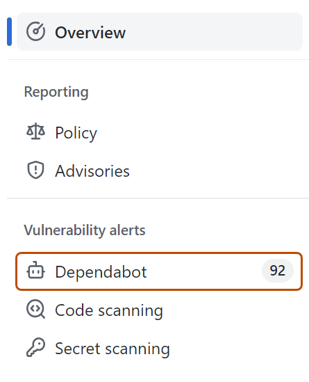安全概览的屏幕截图,其中用深橙色边框突出显示了“Dependabot”选项卡。