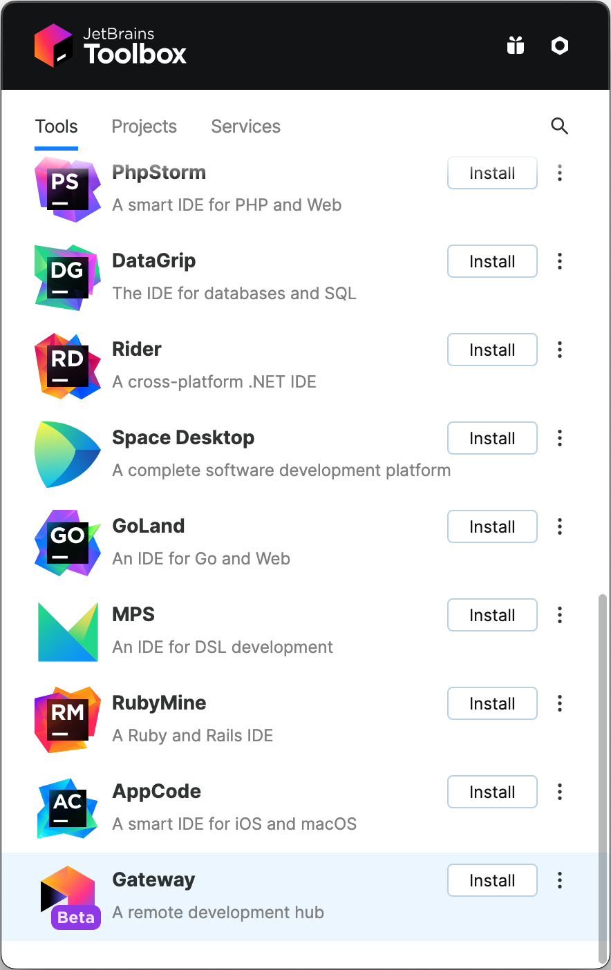 JetBrains Toolbox 的屏幕截图,其中“Gateway”位于应用程序列表底部。 每个应用程序旁边都有一个“安装”按钮。