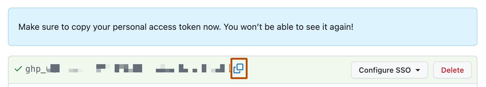 “Personal access tokens”页的屏幕截图。 在模糊标记旁边,两个正方形相重叠的图标以橙色边框突出显示。
