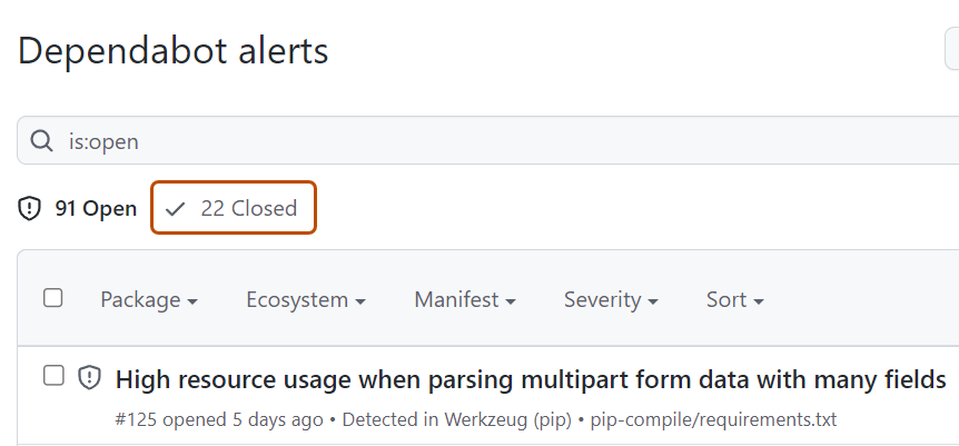 显示 Dependabot alerts 列表的屏幕截图,其中“已关闭”选项卡以深橙色轮廓突出显示。