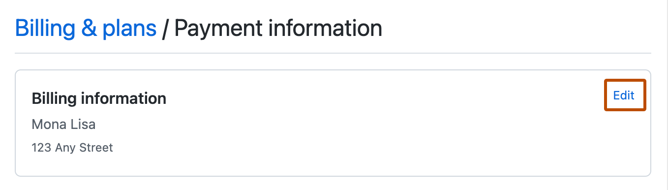 “付款信息”部分的屏幕截图。 在“账单信息”旁边,标有“编辑”的链接以橙色轮廓突出显示。