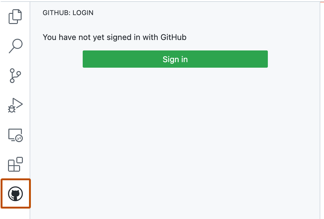 GitHub 边栏的屏幕截图,其中显示了“登录”按钮。 活动栏中的 GitHub 图标以橙色边框突出显示。