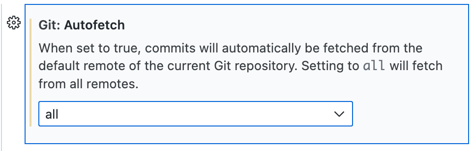 “Git: Autofetch”设置的屏幕截图,设置为“all”。