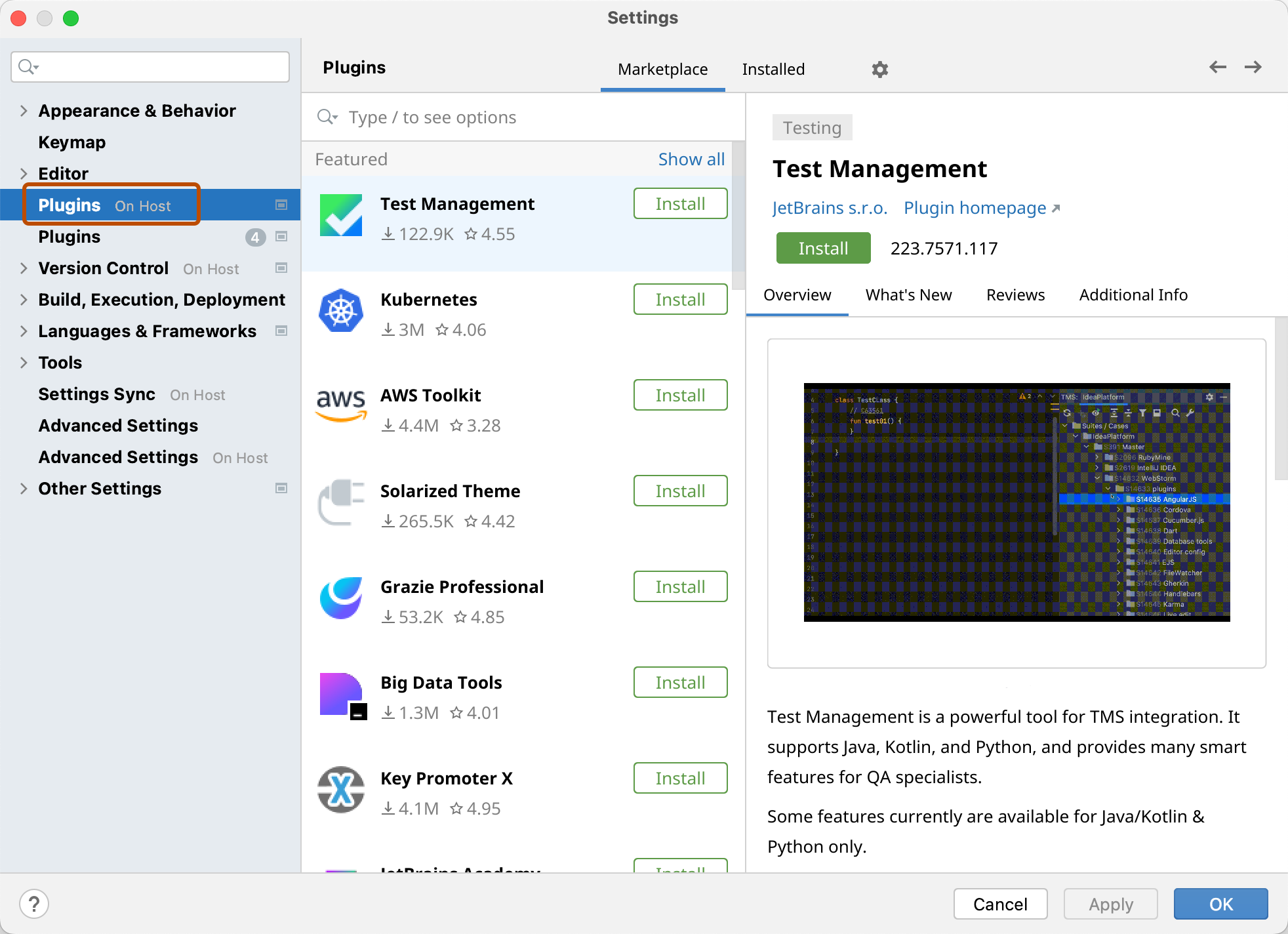 “首选项”对话框的屏幕截图,其中显示了“市场”选项卡。 “主机上的插件”选项以深橙色边框突出显示。