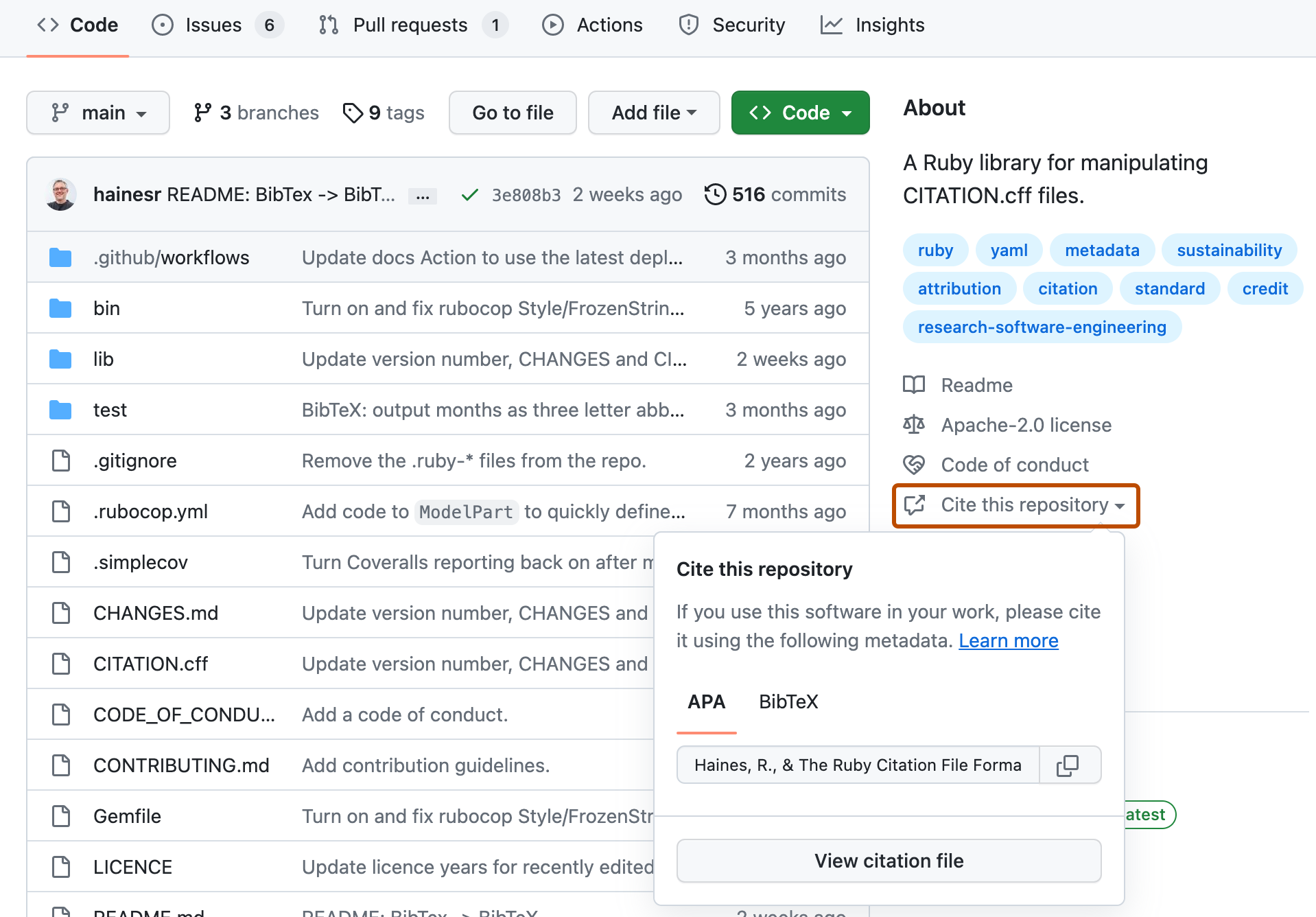 显示存储库的登陆页面的屏幕截图。 右侧边栏中的“引用此存储库”链接以深橙色轮廓突出显示,下面展开了包含引文详细信息的下拉菜单。