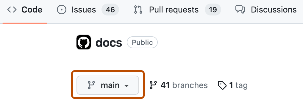 存储库页的屏幕截图。 标有分支图标和“主分支”的下拉菜单以橙色轮廓突出显示。