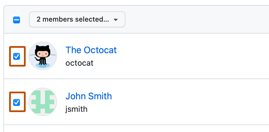 组织成员列表中前两个用户的屏幕截图。 每个成员左侧的复选框被选中,并用深橙色标出。
