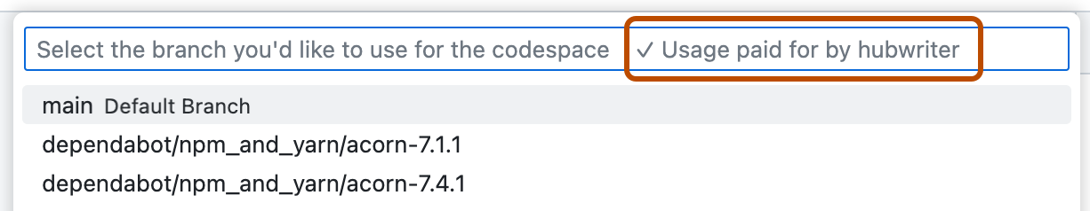 分支提示的屏幕截图,其中显示消息“hubwriter 付费使用”。