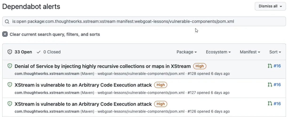 Dependabot alerts 选项卡的屏幕截图,该选项卡在导航到旧版 Dependabot 警报时显示筛选的警报。