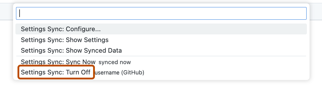 下拉菜单的屏幕截图,其中“设置同步: 关闭”选项以深橙色轮廓突出显示。