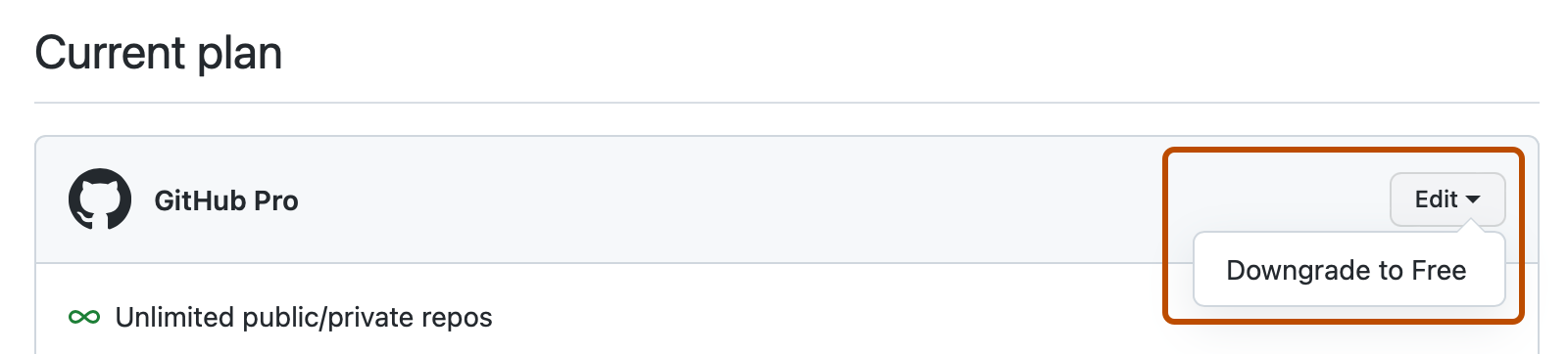 “账单设置”页的“当前计划”部分的屏幕截图。 “编辑”下拉菜单已展开,并以橙色轮廓突出显示。