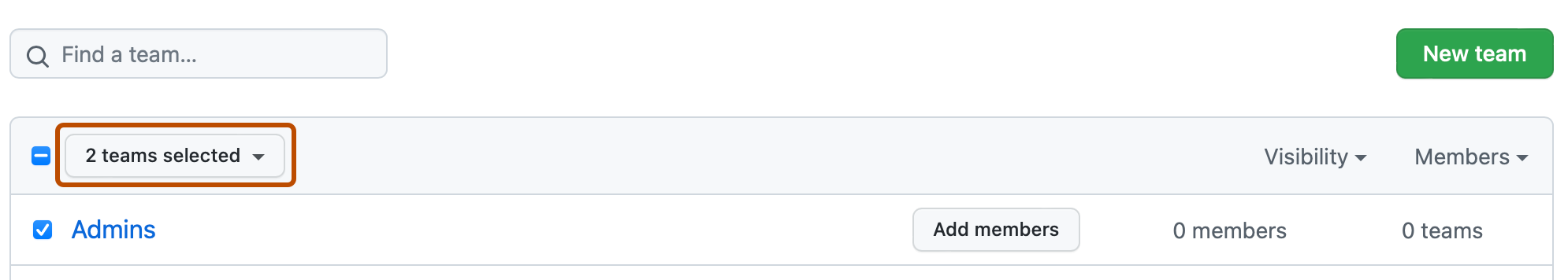 “团队”页的屏幕截图。 团队列表上方有一个下拉菜单,标有“已选择 2 个团队...”并用深橙色标出。