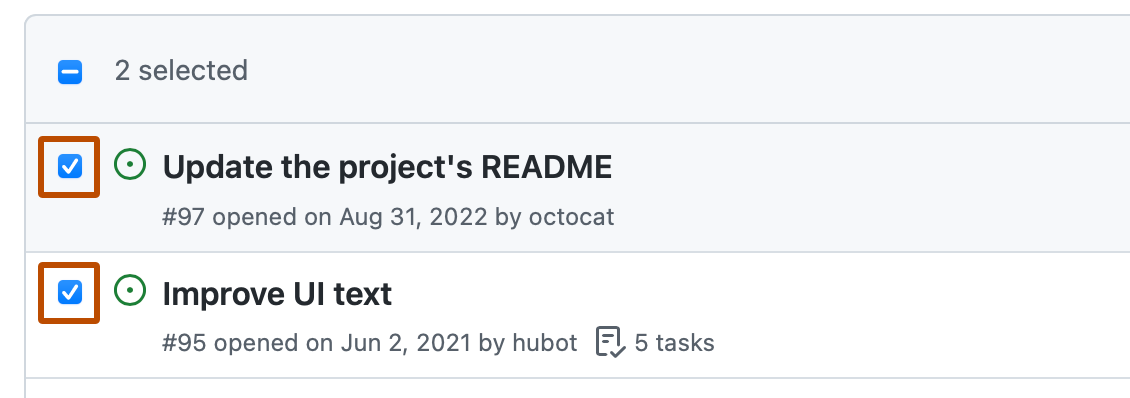 问题列表中前两项的屏幕截图。 每个问题左侧的复选框被选中,并用深橙色框出。