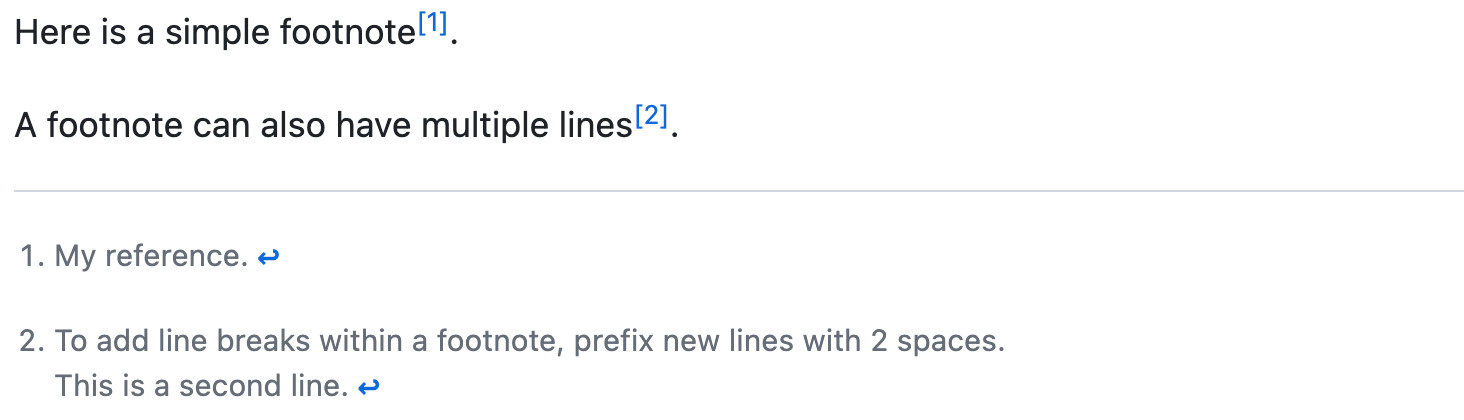 呈现的 Markdown 的屏幕截图,其中显示了用于指示脚注的上标数字,以及笔记中的可选换行符。