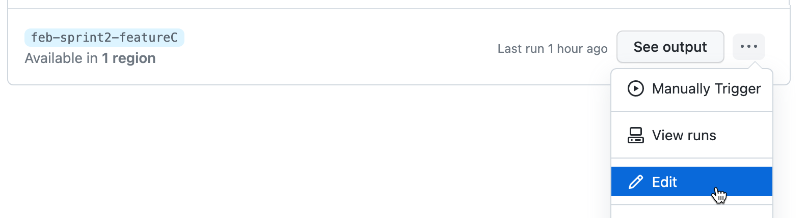该屏幕截图显示了配置的选项下拉菜单,该下拉菜单通过单击标有三个点的按钮显示。 已选中“编辑”选项。