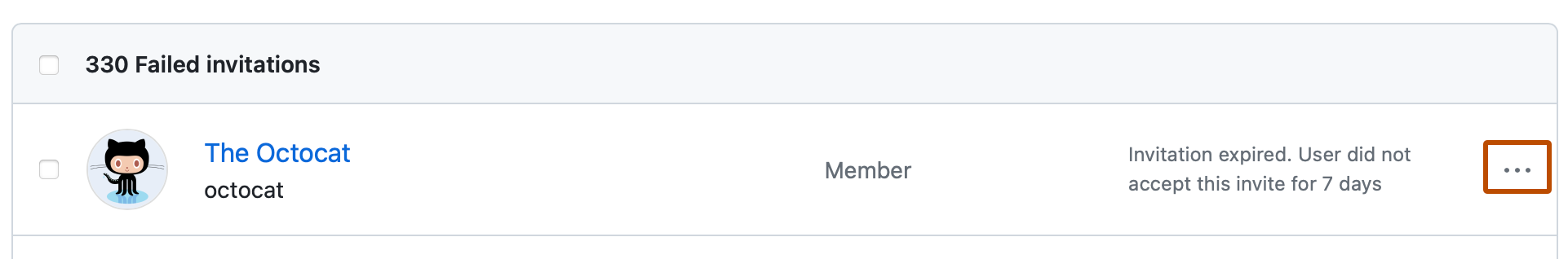 组织的失败邀请列表的屏幕截图。 在第一个条目的右侧,烤肉串图标以深橙色标出。