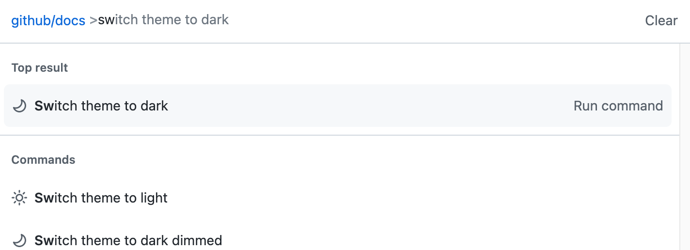 命令面板的屏幕截图。 命令面板输入中显示“将主题切换为深色”,并显示更改主题的结果。