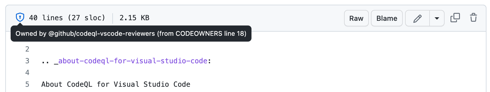 显示文件标头的屏幕截图。 光标悬停在盾牌图标上,该图标显示工具提示“由用户或团队拥有(来自 CODEOWNERS 行号)”。
