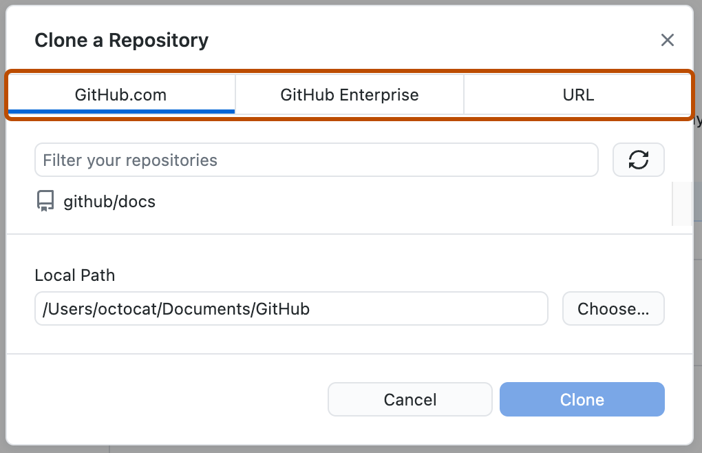 “克隆存储库”窗口的屏幕截图。 在窗口顶部,标有“GitHub.com”、“GitHub Enterprise”和“URL”的选项卡以橙色轮廓突出显示。
