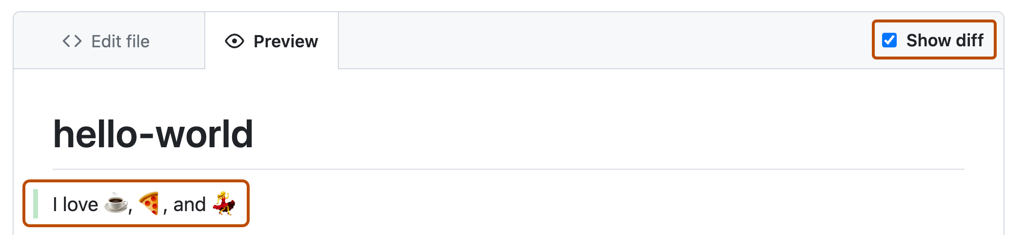 文件的“预览”视图的屏幕截图。 标记为“显示差异”的复选框已选中,对文件的添加内容由绿线标记指示。 两者都以橙色轮廓显示。