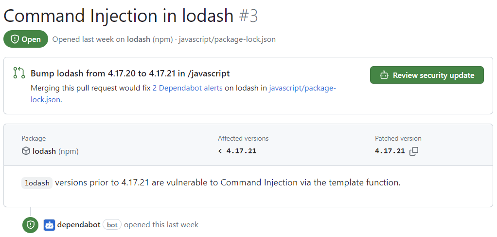 演示存储库中警报的详细页面的屏幕截图,其中显示了主要信息。