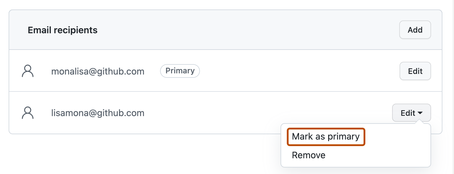 “电子邮件收件人”部分的屏幕截图。 在电子邮件地址旁边,在打开的“编辑”下拉列表下,“标记为主要收件人”以橙色边框显示。