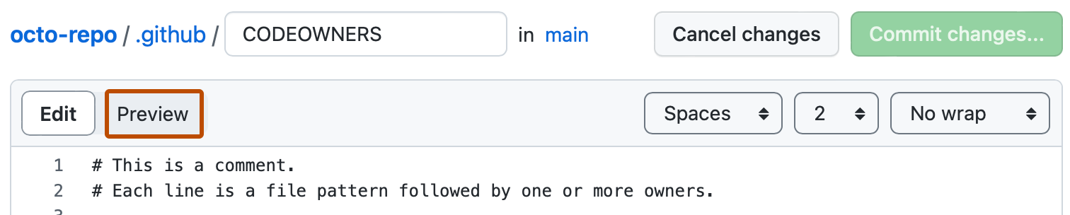 处于编辑模式的文件的屏幕截图。 在文件内容上方,标有“预览”的选项卡以深橙色框出。