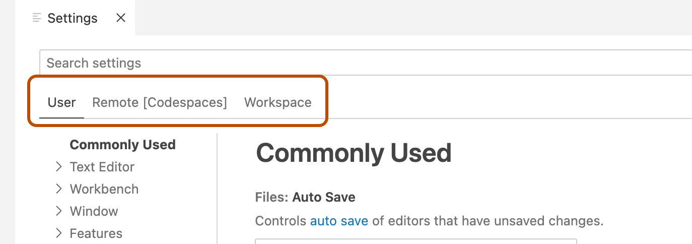“设置”编辑器的屏幕截图,其中三个范围的选项卡用橙色边框突出显示。
