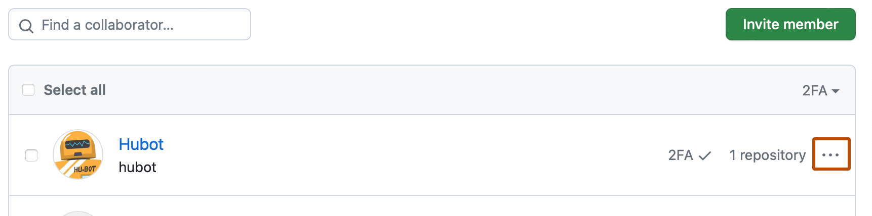 组织的外部协作者列表的屏幕截图。 在协作者右侧,一个烤肉串图标用深橙色框出。