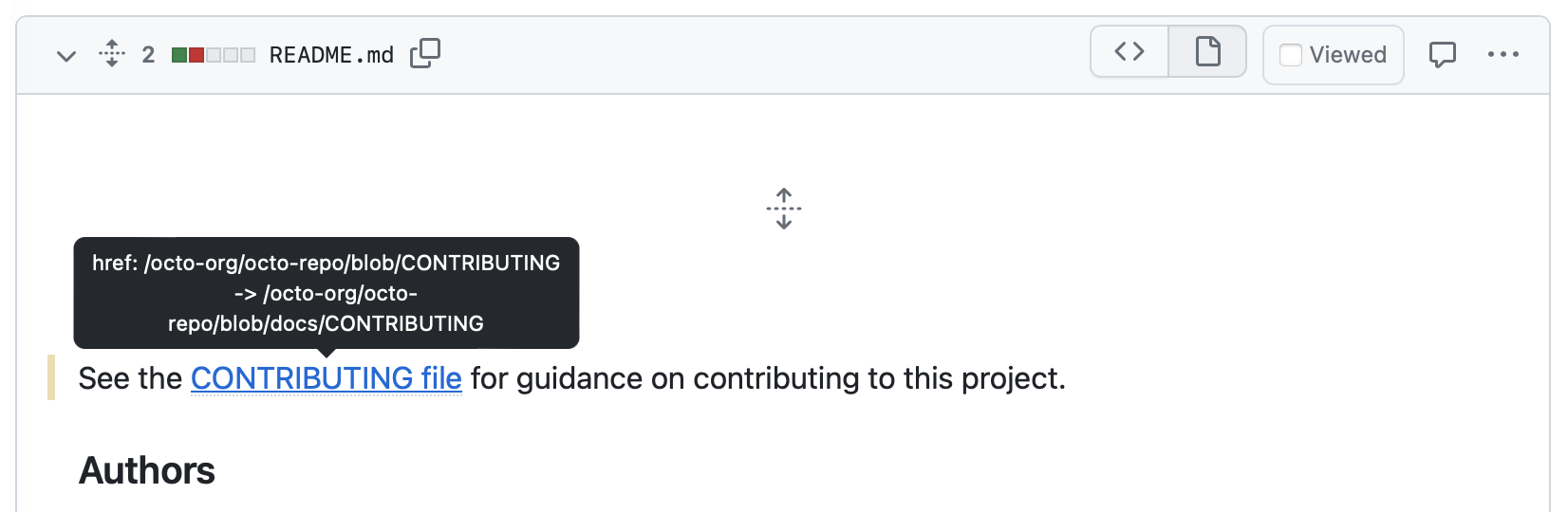显示 Markdown 文件的差异的屏幕截图。 链接上方的工具提示显示:“href: /octo-org-repo/blob/CONTRIBUTING -> /octo-org/octo-repo/blob/docs/CONTRIBUTING”。