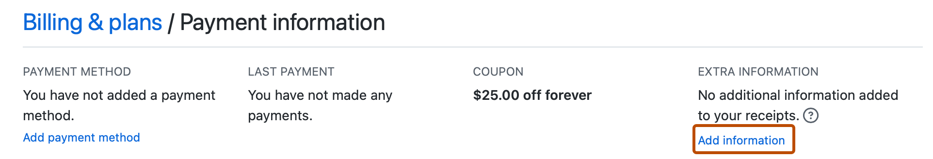 “付款信息”部分的屏幕截图。 标有“添加信息”的链接以橙色边框突出显示。