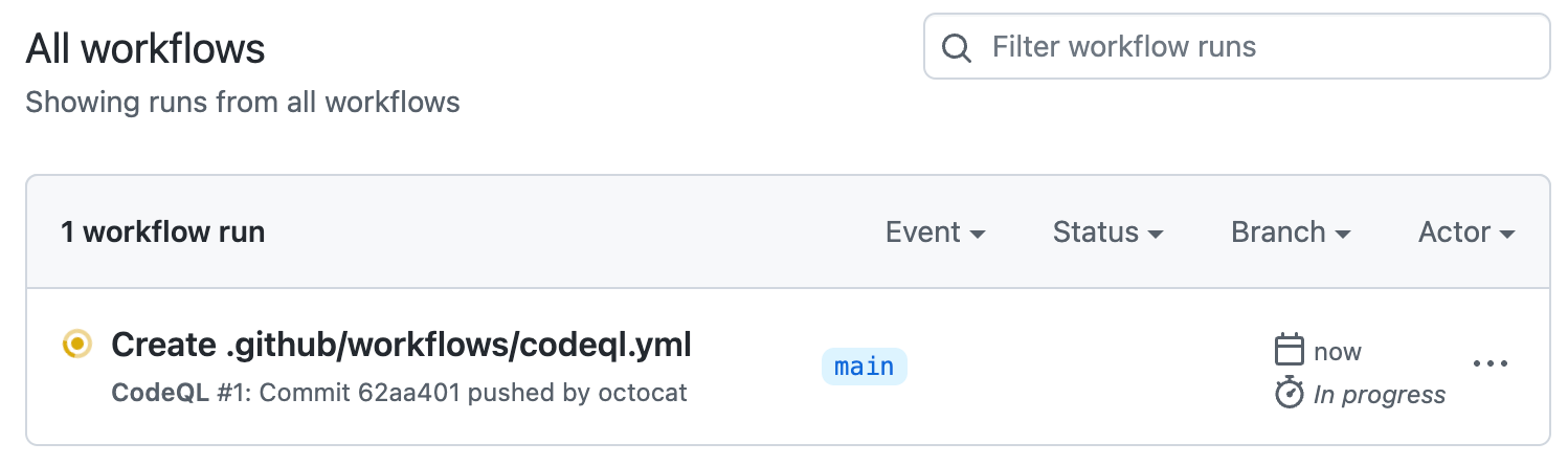 “所有工作流”页的屏幕截图。 在工作流运行列表中,有一个标记为“创建 .github/workflows/codeql.yml”的运行。
