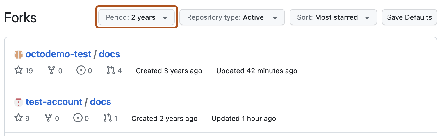 分叉页的屏幕截图,其中显示了筛选和排序选项。 标有“时间段”的下拉菜单,以橙色轮廓突出显示。