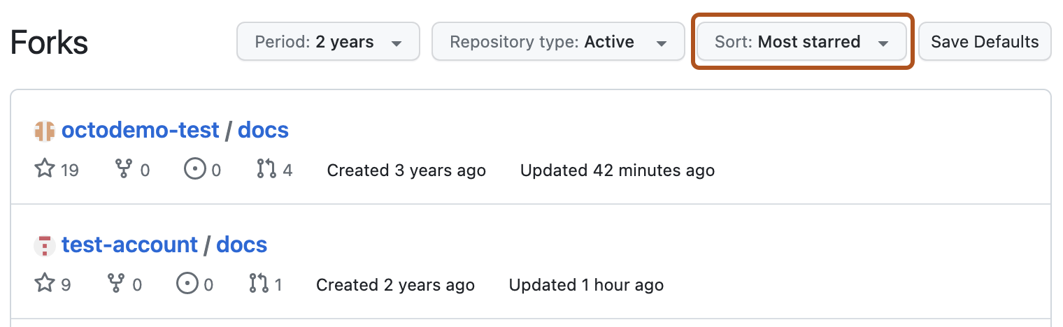 分叉页的屏幕截图,其中显示了筛选和排序选项。 标有“排序”的下拉菜单,以橙色轮廓突出显示。