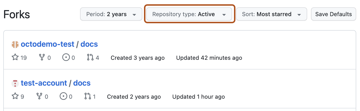 分叉页的屏幕截图,其中显示了筛选和排序选项。 标有“存储库类型”的下拉菜单,以橙色轮廓突出显示。