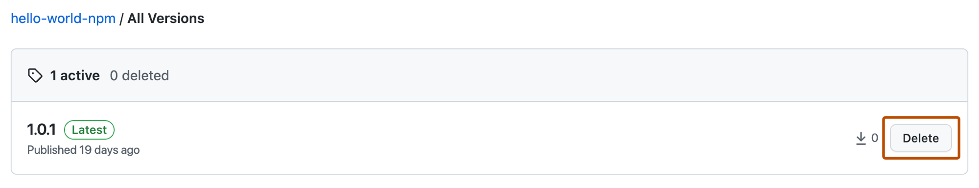 包版本的屏幕截图,其中包含“删除”按钮。 该按钮以橙色边框突出显示。