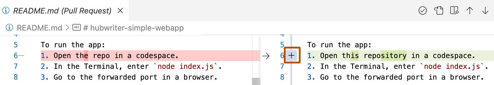 差异视图的屏幕截图。 在文件的头版中,在编辑器右侧突出显示了行旁边的加号。