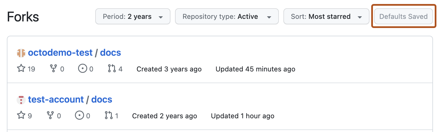 分叉页的屏幕截图,其中显示了筛选和排序选项。 “已保存默认值”按钮(由于默认值已保存而被禁用),用橙色框突出显示。”