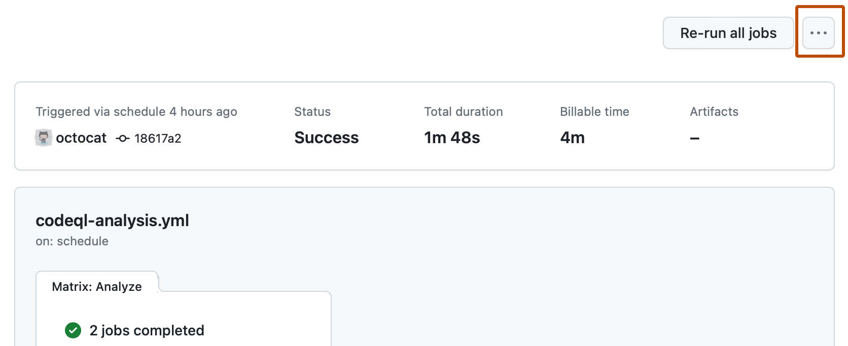 “工作流运行”页的屏幕截图。 在右上角,一个标有“更多”图标的按钮以深橙色框出。