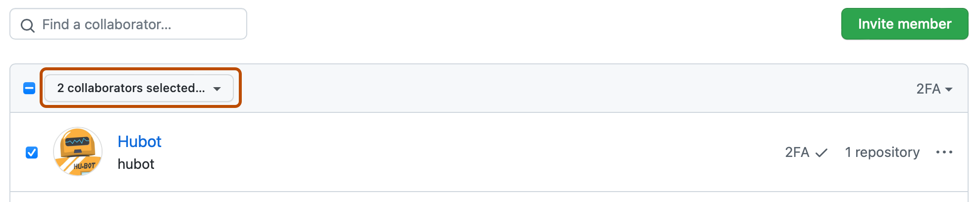 外部协作者列表的屏幕截图。 列表上方有一个下拉菜单,标有“已选择 2 个协作者...”并用深橙色框出。