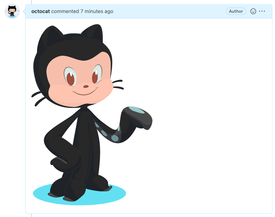 GitHub 问题评论的屏幕截图,其中显示了添加在 Markdown 中的 Octocat 微笑并举起触手的图像。