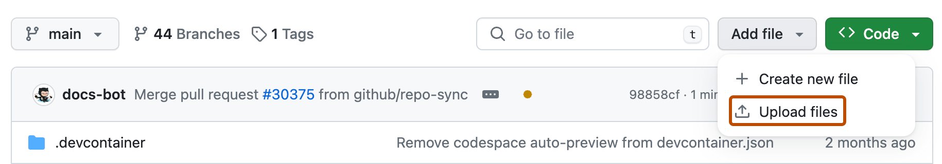 存储库的主页的屏幕截图。 在文件列表上方,标记有“添加文件”的按钮以深橙色标出。