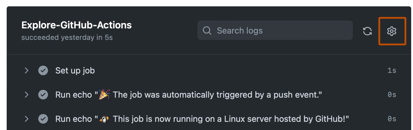 作业日志的屏幕截图。 在标题中,齿轮图标以深橙色框出。