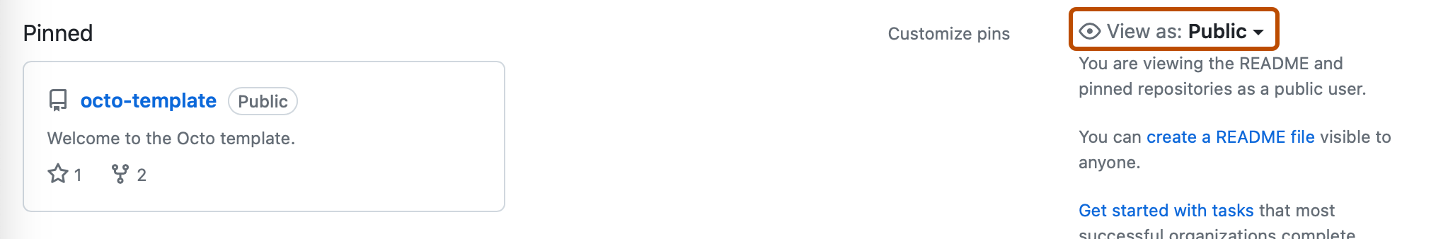 组织的配置文件页的屏幕截图。 在左侧边栏中,一个标记为“查看方式: 公共”的下拉菜单用深橙色框出。