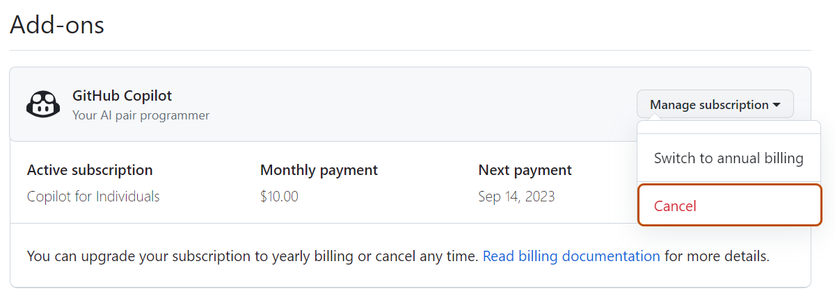 “计划和使用情况”页面上 GitHub Copilot 部分的屏幕截图。 “编辑”下拉列表已展开,“取消”选项以深橙色突出显示。