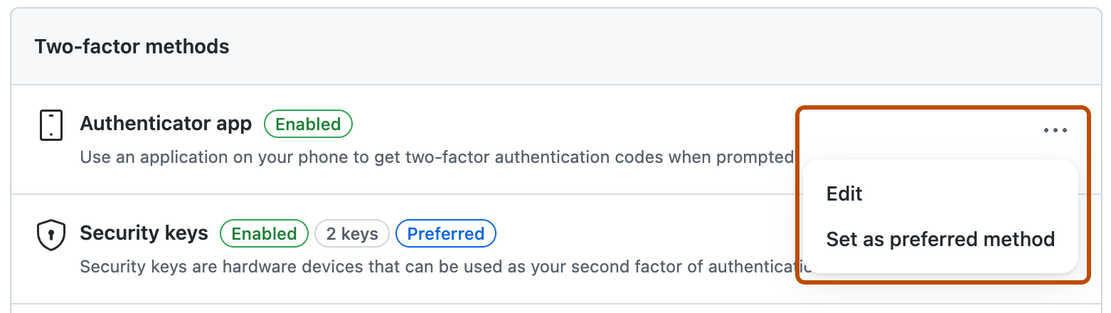 “双因素方法”设置的屏幕截图。 在“Authenticator 应用”的右侧,一个标有烤肉串图标的下拉菜单已展开并以橙色框出。